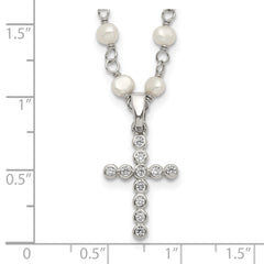 Sterling Silver Pearl CZ Cross Necklace with Rhodium-Plated Chain