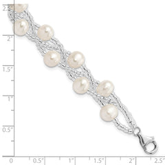 Sterling Silver Rhodium 7-9mm FWC Pearl & Glass Beaded Multi-strnd Bracelet