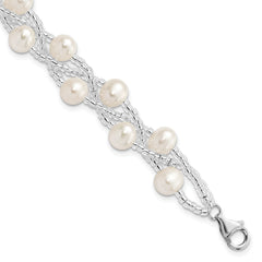 Sterling Silver Rhodium 7-9mm FWC Pearl & Glass Beaded Multi-strnd Bracelet