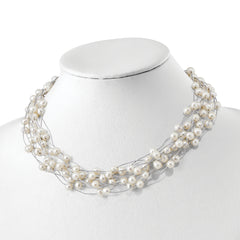 Sterling Silver 925 Multi-Strand Pearl Necklace Elegant Women's Jewelry