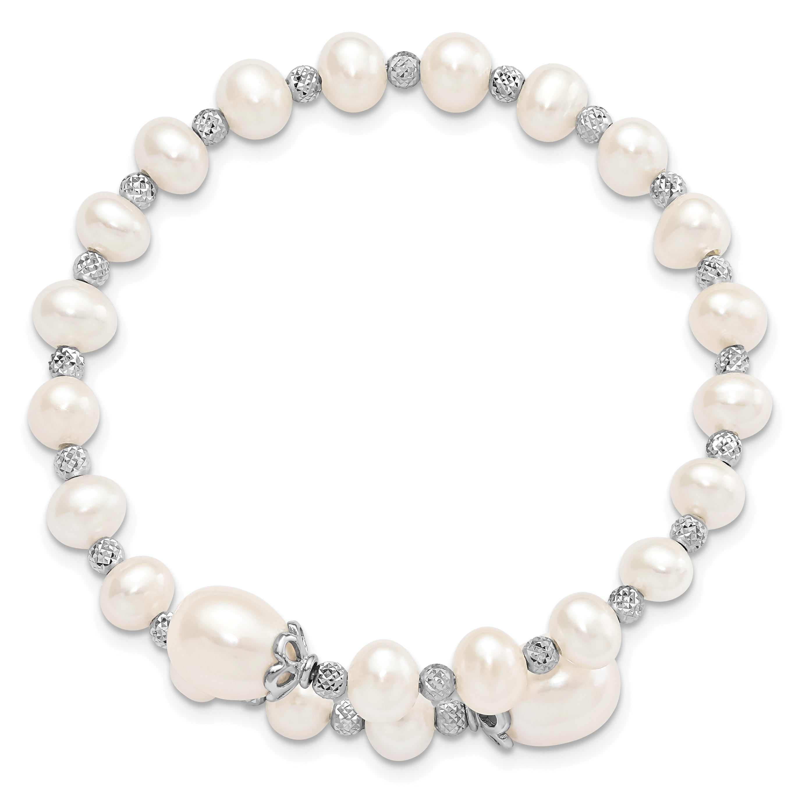 Sterling Silver Rhodium-plated Diamond Cut Beads and 6-9mm White Freshwater Cultured Pearl Wrap Bracelet