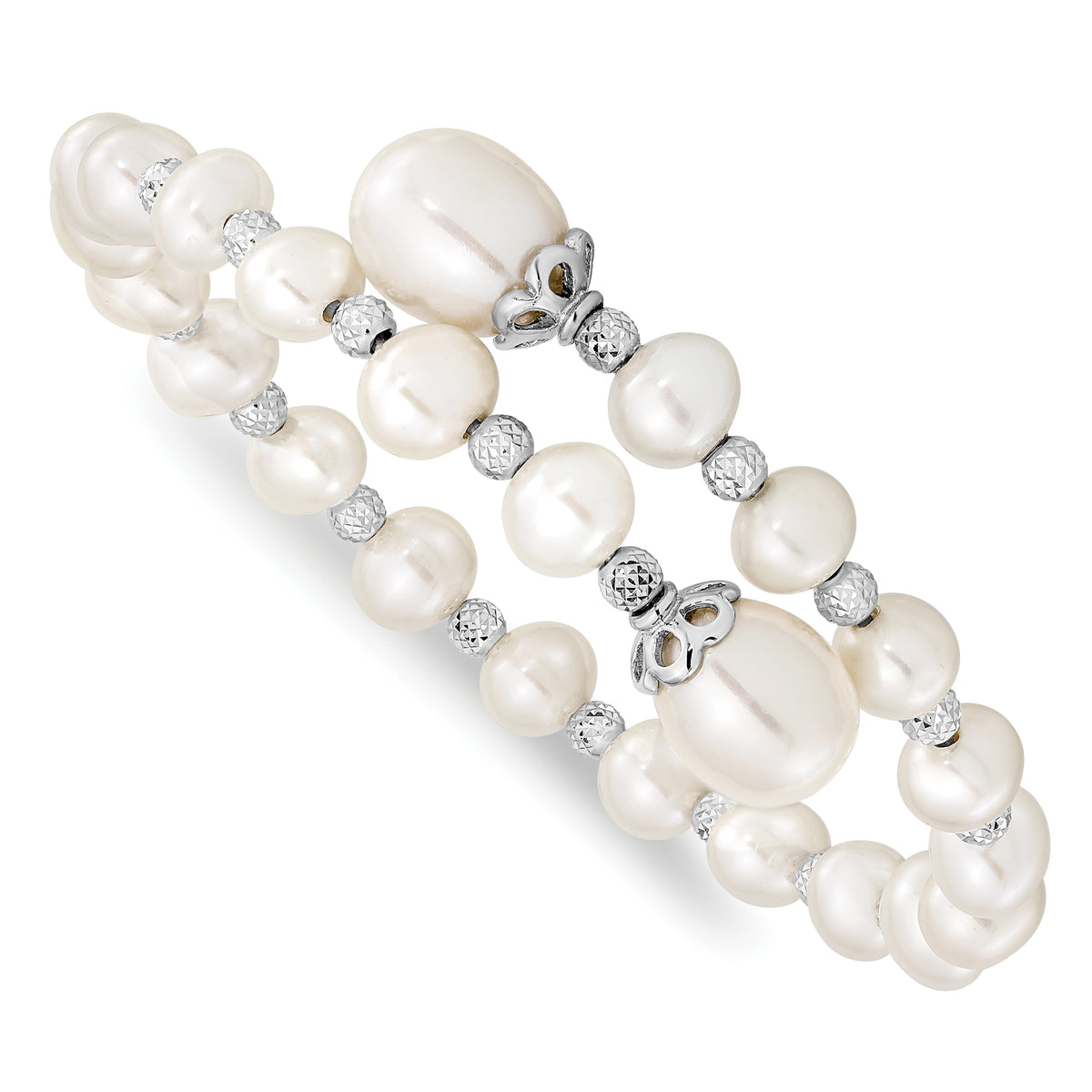 Sterling Silver Rhodium-plated Diamond Cut Beads and 6-9mm White Freshwater Cultured Pearl Wrap Bracelet