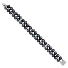 Sterling Silver RH 7-8mm Black FWC Pearl CZ 2-strand Bracelet