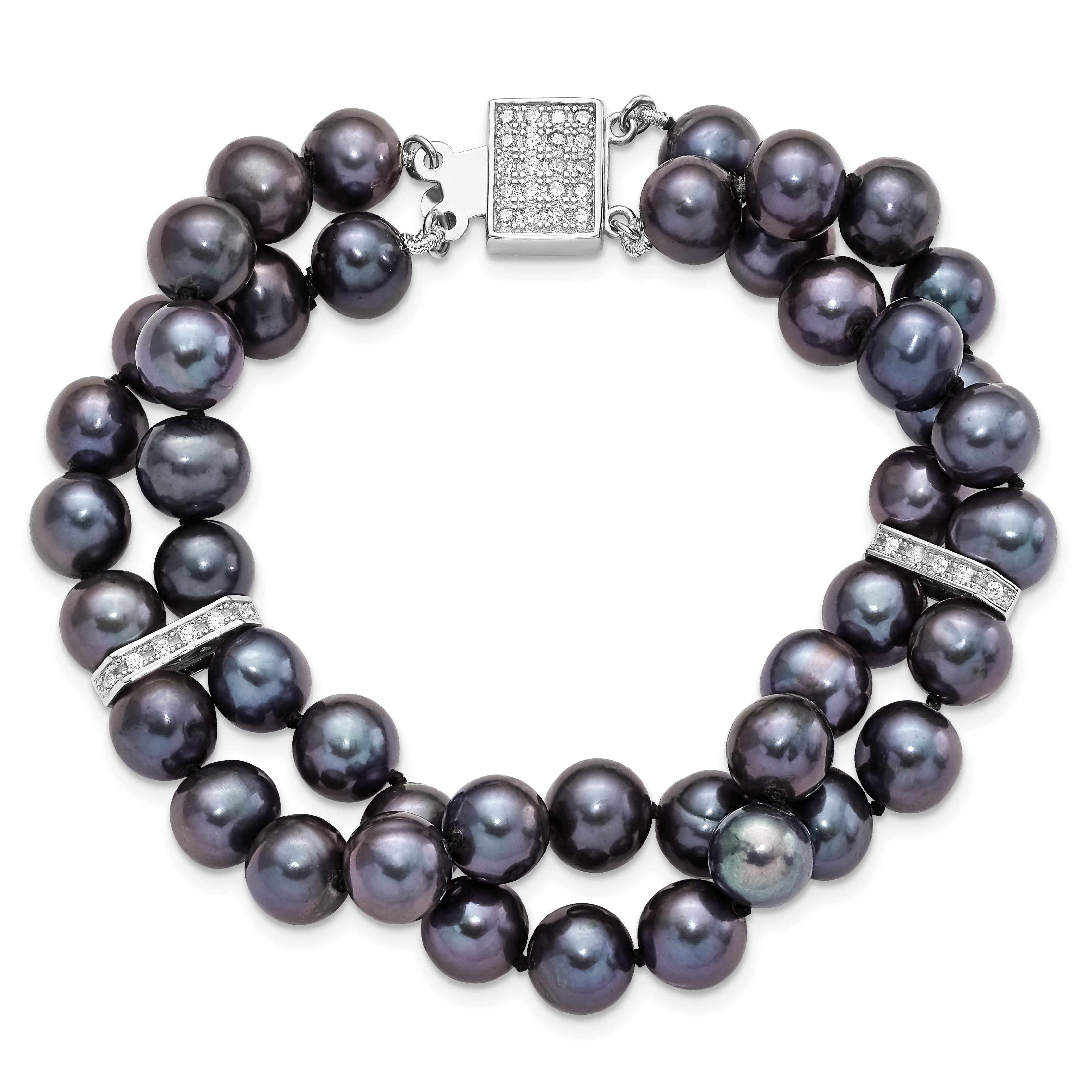 Sterling Silver RH 7-8mm Black FWC Pearl CZ 2-strand Bracelet