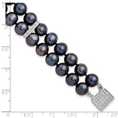 Sterling Silver RH 7-8mm Black FWC Pearl CZ 2-strand Bracelet