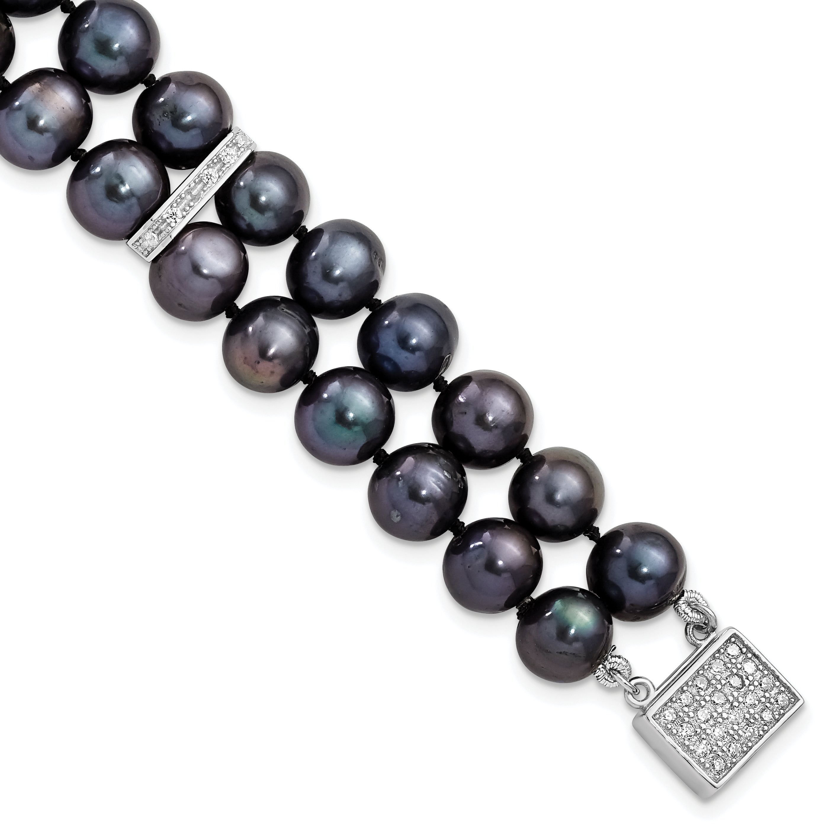 Sterling Silver RH 7-8mm Black FWC Pearl CZ 2-strand Bracelet