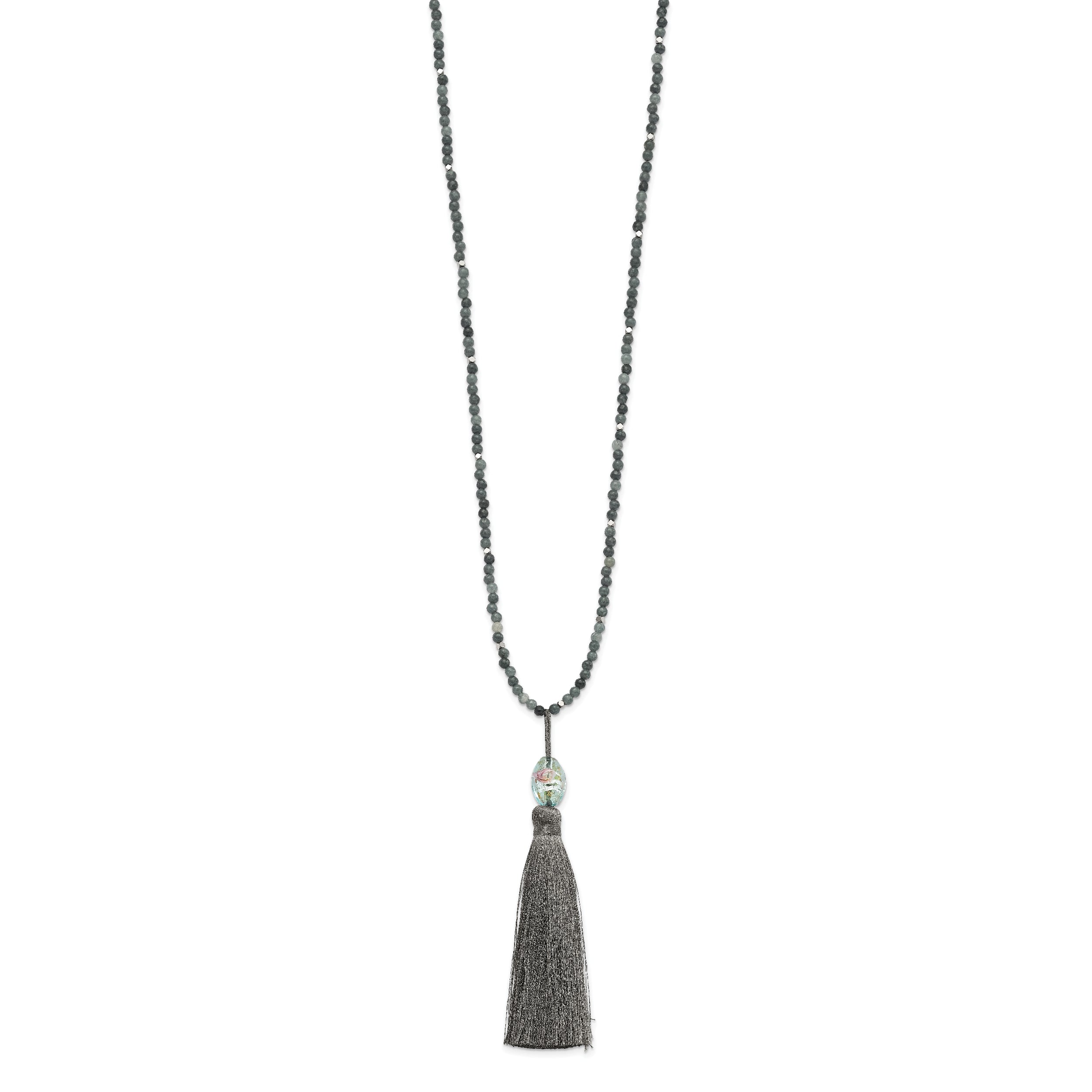 SS Green Glass/Hematite/Grey Quartz w/Nylon Tassel Drop Necklace