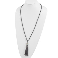 SS Green Glass/Hematite/Grey Quartz w/Nylon Tassel Drop Necklace