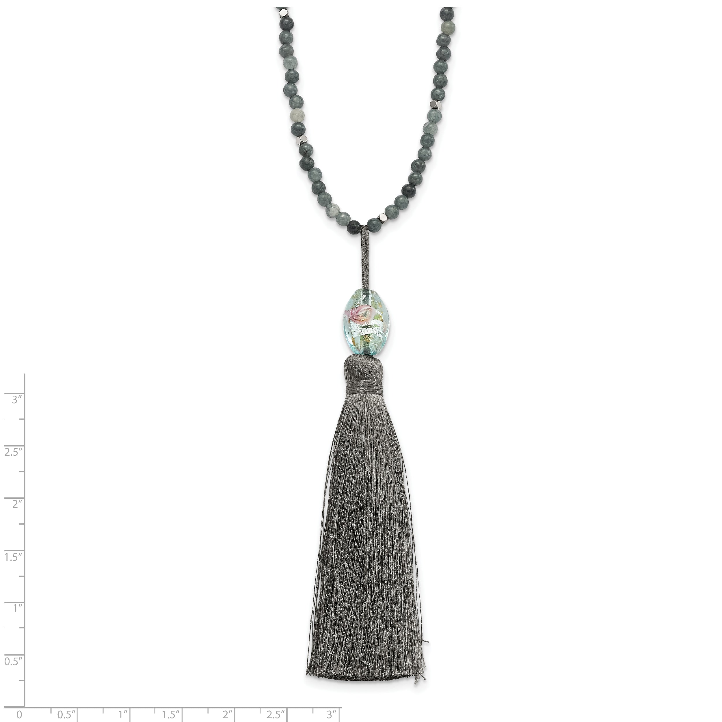 SS Green Glass/Hematite/Grey Quartz w/Nylon Tassel Drop Necklace