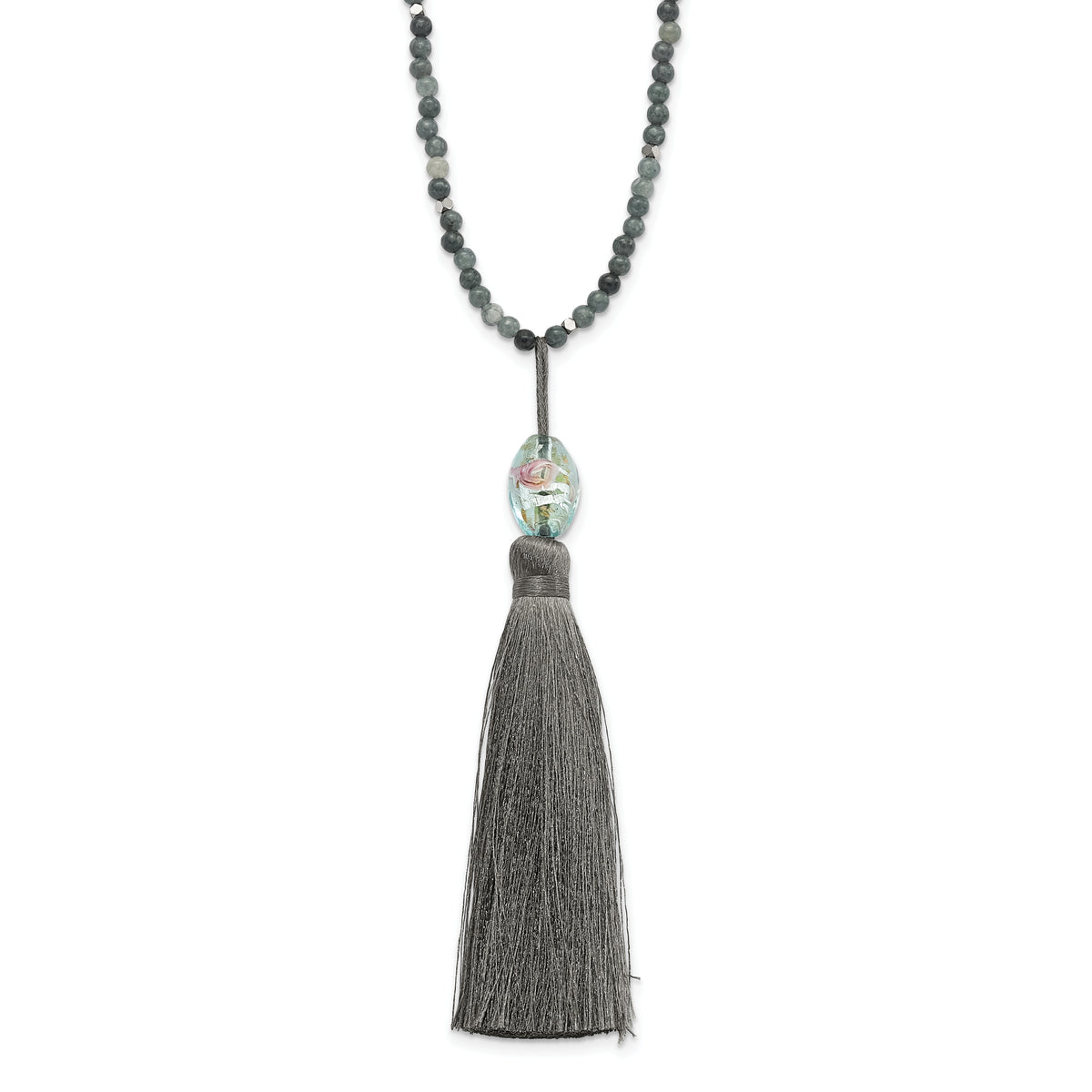 SS Green Glass/Hematite/Grey Quartz w/Nylon Tassel Drop Necklace