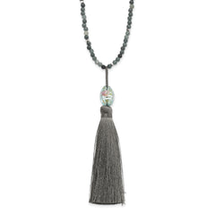 SS Green Glass/Hematite/Grey Quartz w/Nylon Tassel Drop Necklace