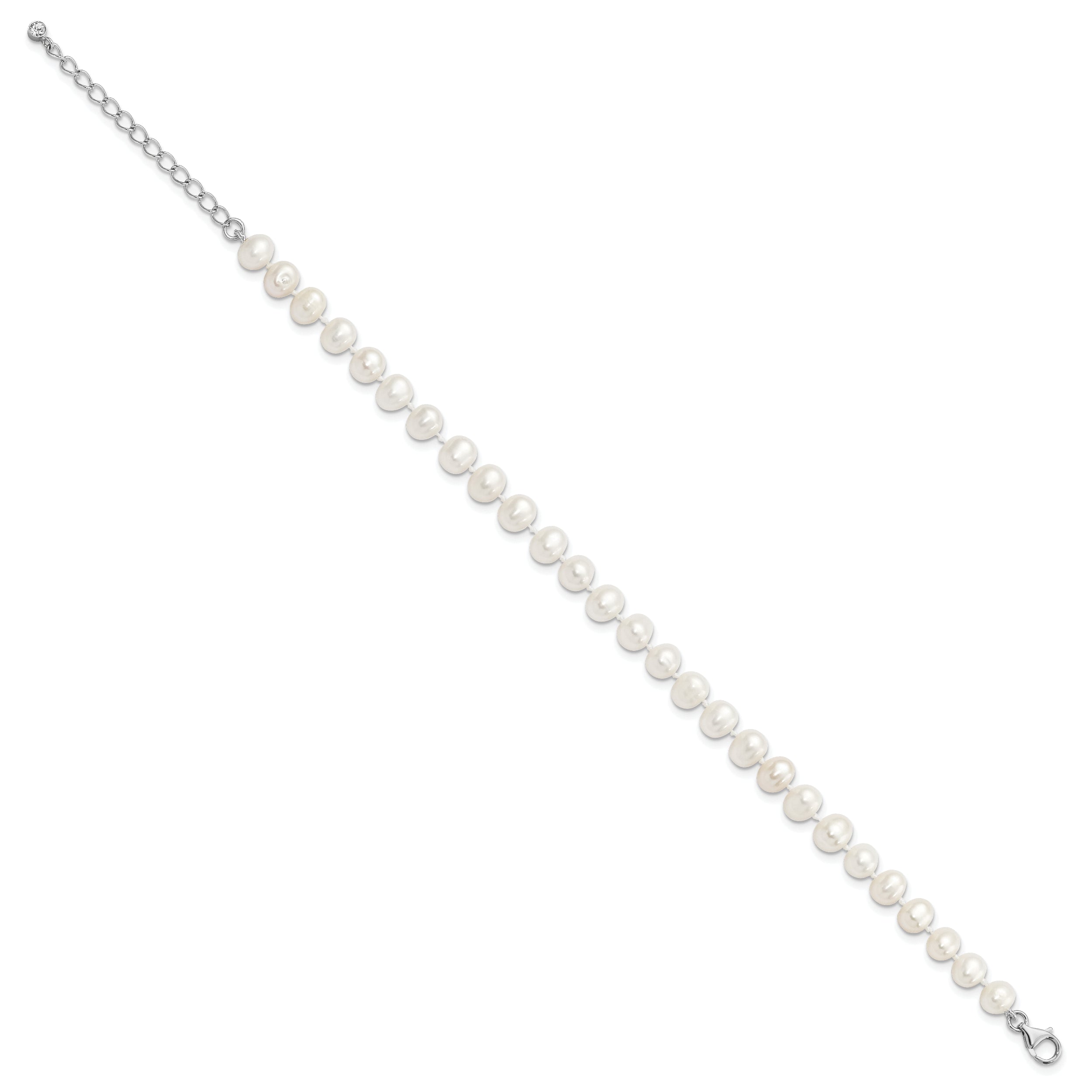 Sterling Silver Rh-plated 7-8mm FWC Pearl CZ w/2in Ext Anklet