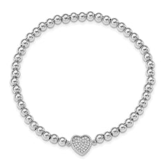 Sterling Silver Rhodium-plated Polished Beaded CZ Heart Stretch Bracelet