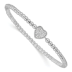 Sterling Silver Rhodium-plated Polished Beaded CZ Heart Stretch Bracelet