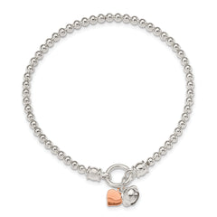 Sterling Silver Rose -tone Heart and Bell Stretch Bracelet