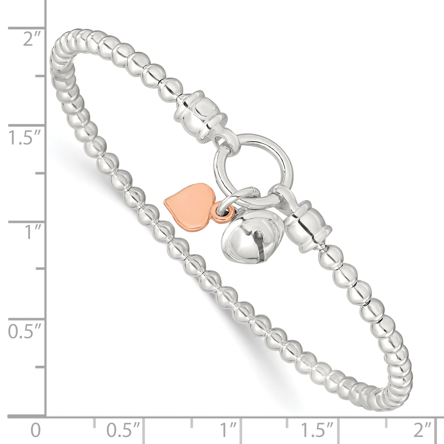 Sterling Silver Rose -tone Heart and Bell Stretch Bracelet