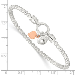 Sterling Silver Rose -tone Heart and Bell Stretch Bracelet