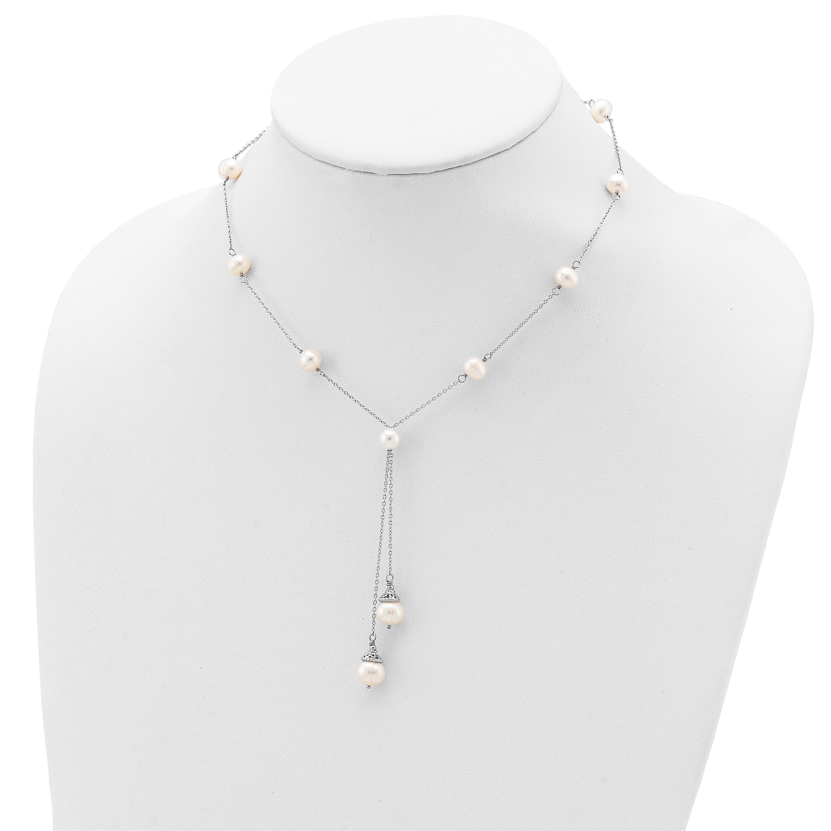 Sterling Silver Rhod-plat White FWC Pearl 9 station 2 drop 2in ext Necklace