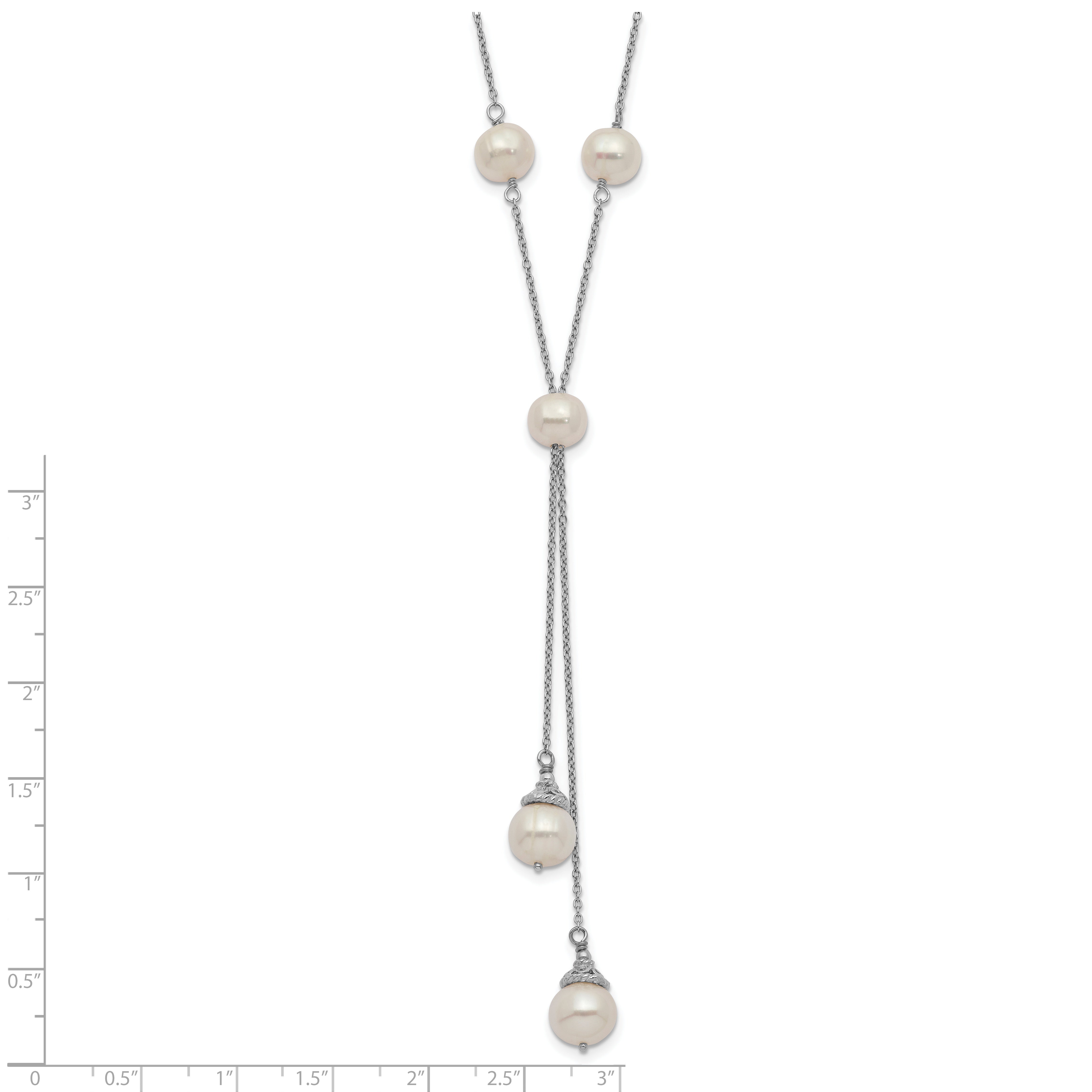 Sterling Silver Rhod-plat White FWC Pearl 9 station 2 drop 2in ext Necklace