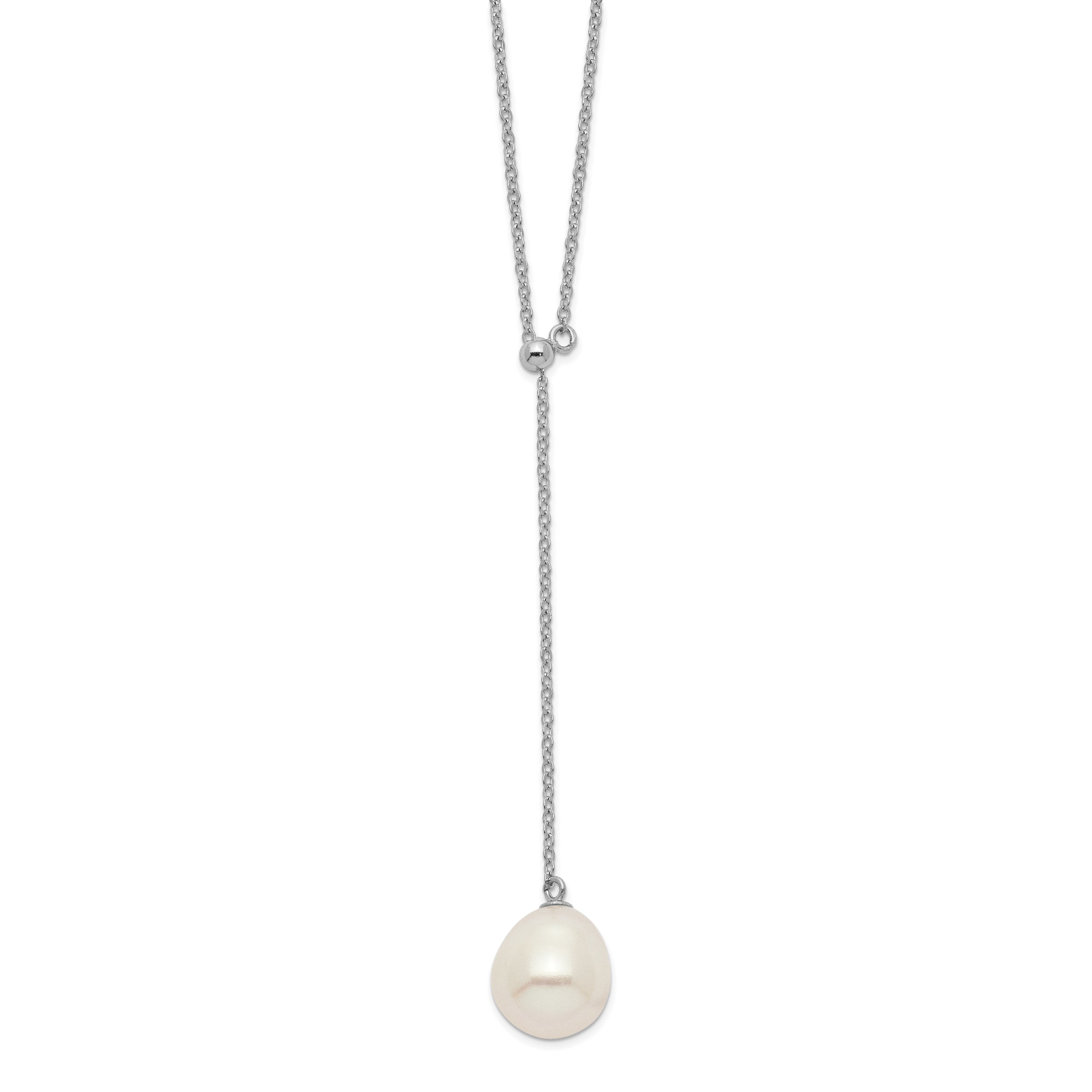 Sterling Silver Rhod-plat 10-11mm White Rice FWC Pearl Drop Necklace