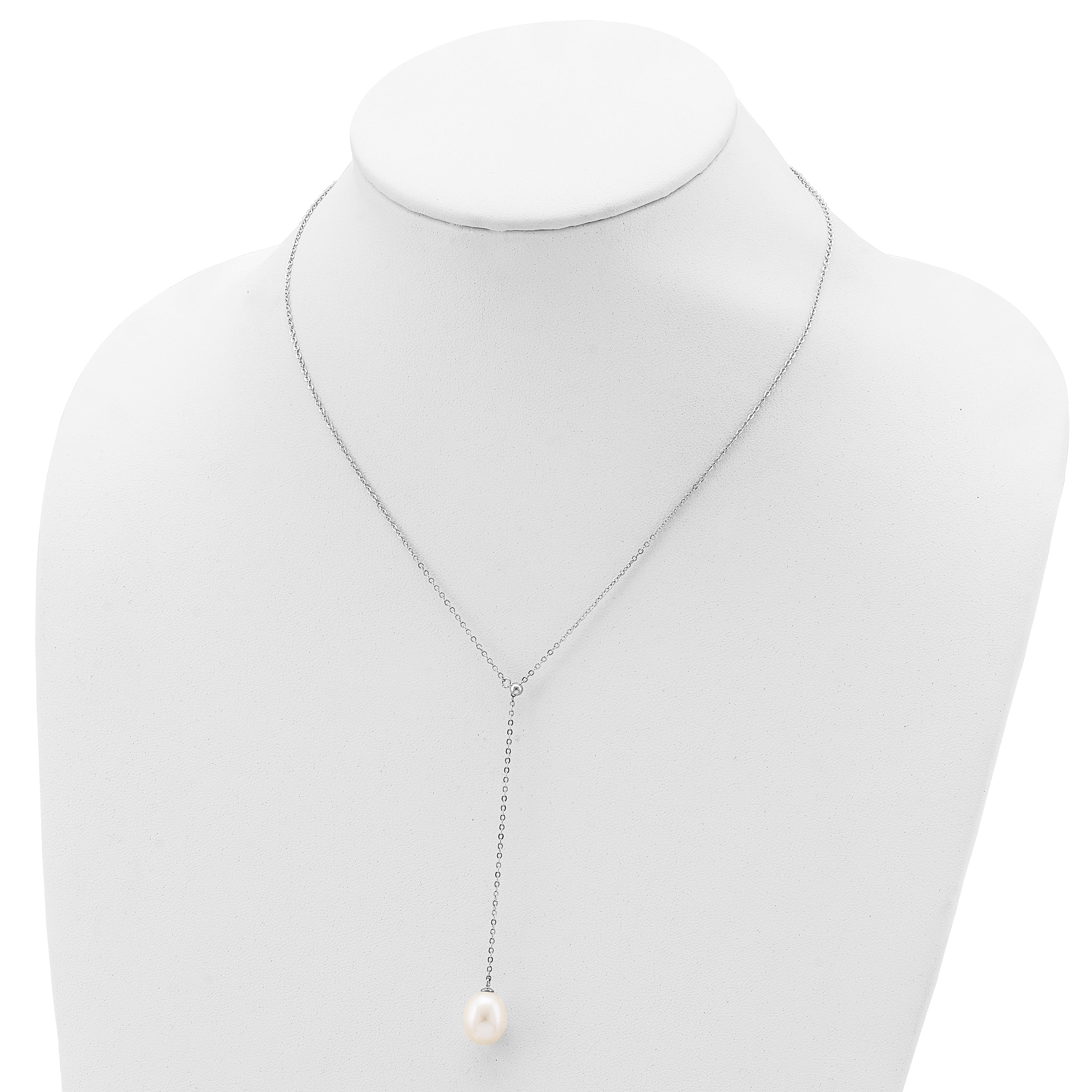 Sterling Silver Rhod-plat 10-11mm White Rice FWC Pearl Drop Necklace