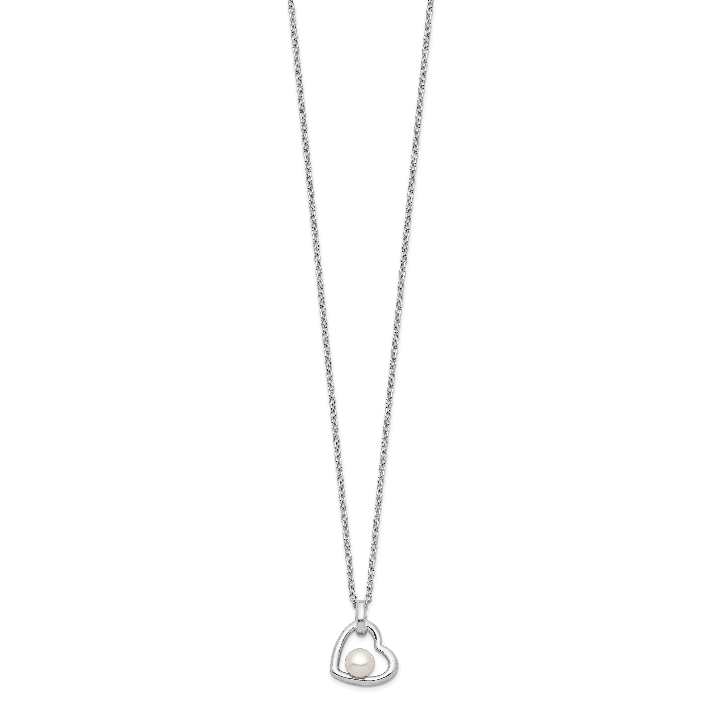 Sterling Silver Rhodium-plated Heart with 4-5mm White Button Freshwater Cultured Pearl 17 inch Necklace