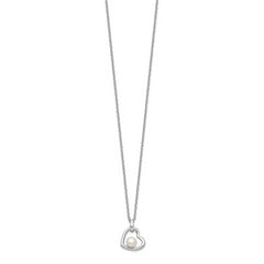 Sterling Silver Rhodium-plated Heart with 4-5mm White Button Freshwater Cultured Pearl 17 inch Necklace