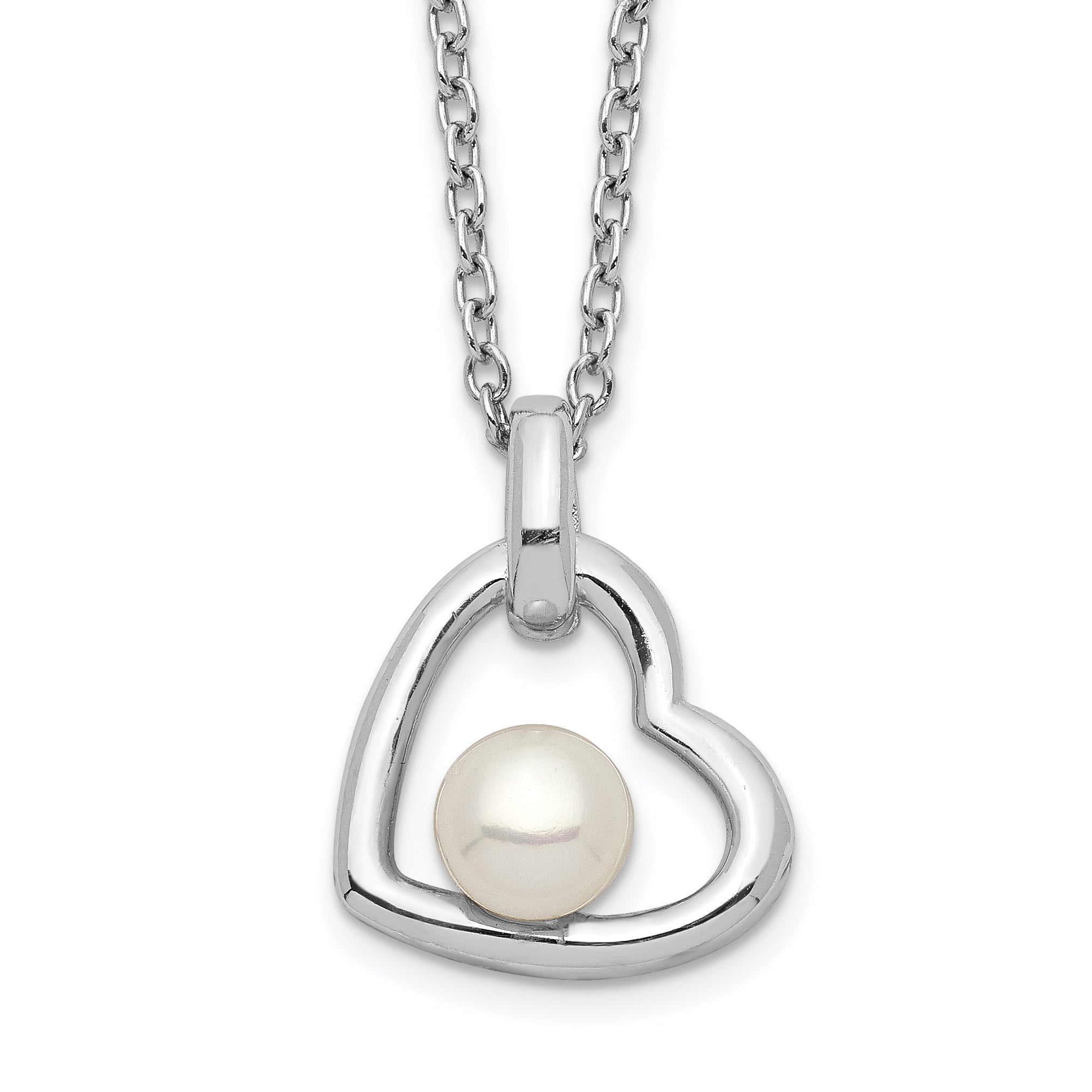 Sterling Silver Rhodium-plated Heart with 4-5mm White Button Freshwater Cultured Pearl 17 inch Necklace