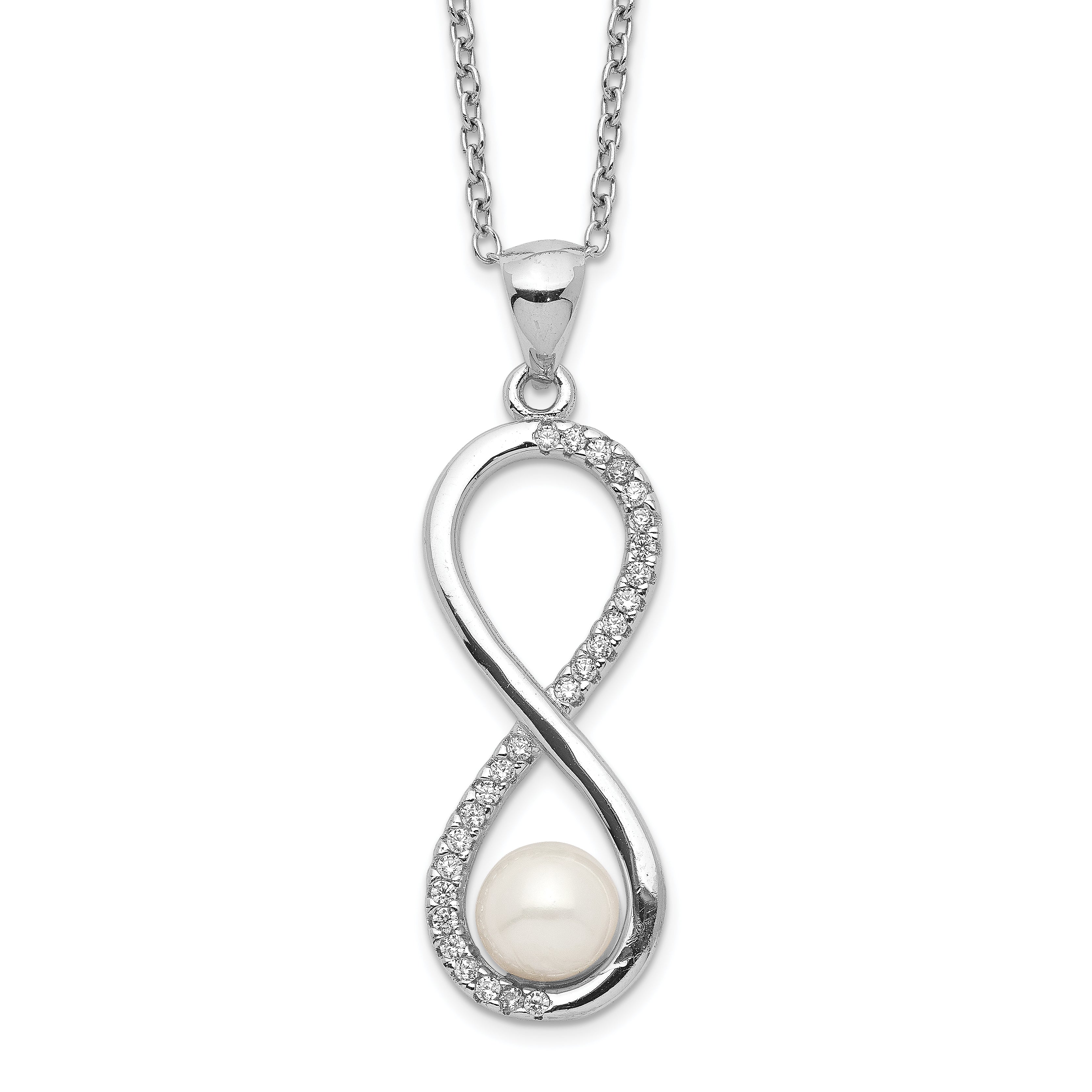 Sterling Silver Rhodium-plated 5-6mm Round FWC Pearl CZ Infinity Necklace