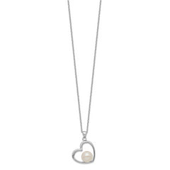 Sterling Silver Rhodium-plated Polished Open Heart with 7-8mm White Button Freshwater Cultuted Pearl 17 inch Necklace