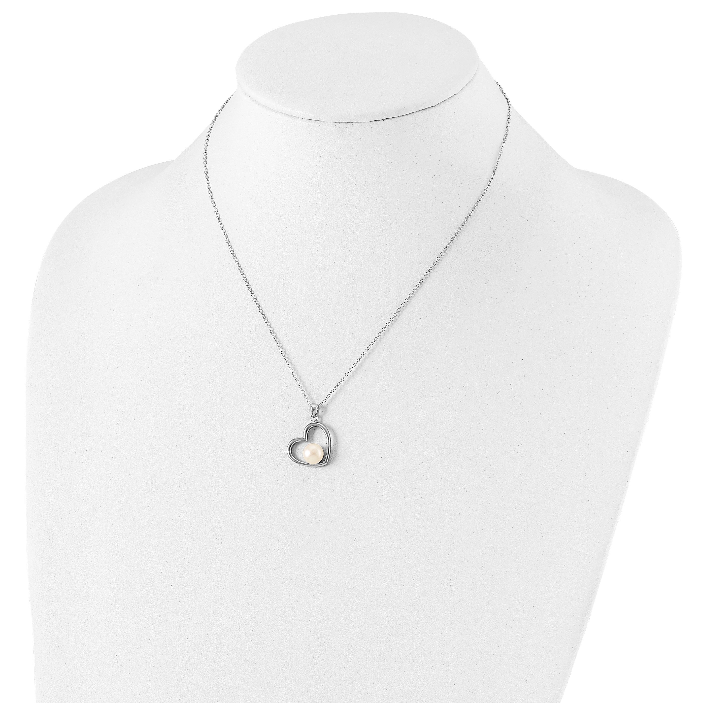 Sterling Silver Rhodium-plated Polished Open Heart with 7-8mm White Button Freshwater Cultuted Pearl 17 inch Necklace