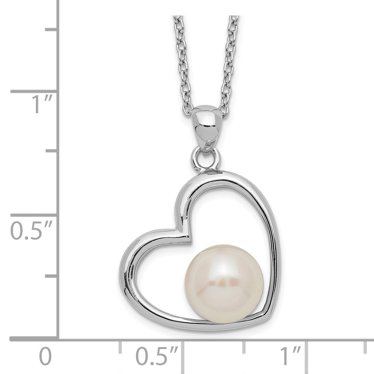 Sterling Silver Rhodium-plated Polished Open Heart with 7-8mm White Button Freshwater Cultuted Pearl 17 inch Necklace