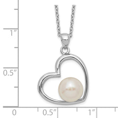 Sterling Silver Rhodium-plated Polished Open Heart with 7-8mm White Button Freshwater Cultuted Pearl 17 inch Necklace