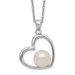 Sterling Silver Rhodium-plated Polished Open Heart with 7-8mm White Button Freshwater Cultuted Pearl 17 inch Necklace