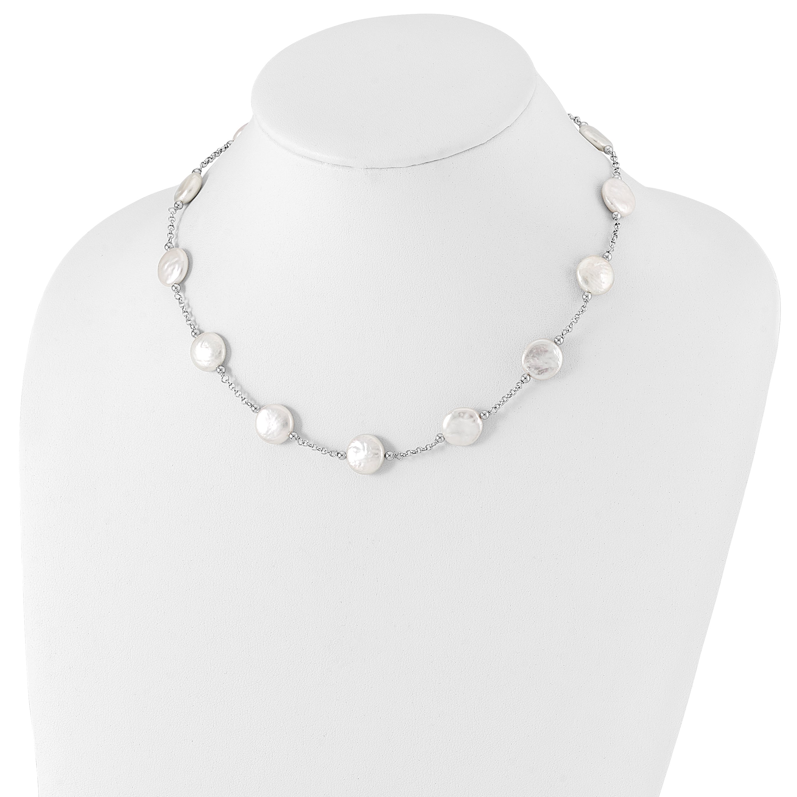 Sterling Silver Rh-pltd 12-13mm White Coin FWC Pearl 13-station Necklace