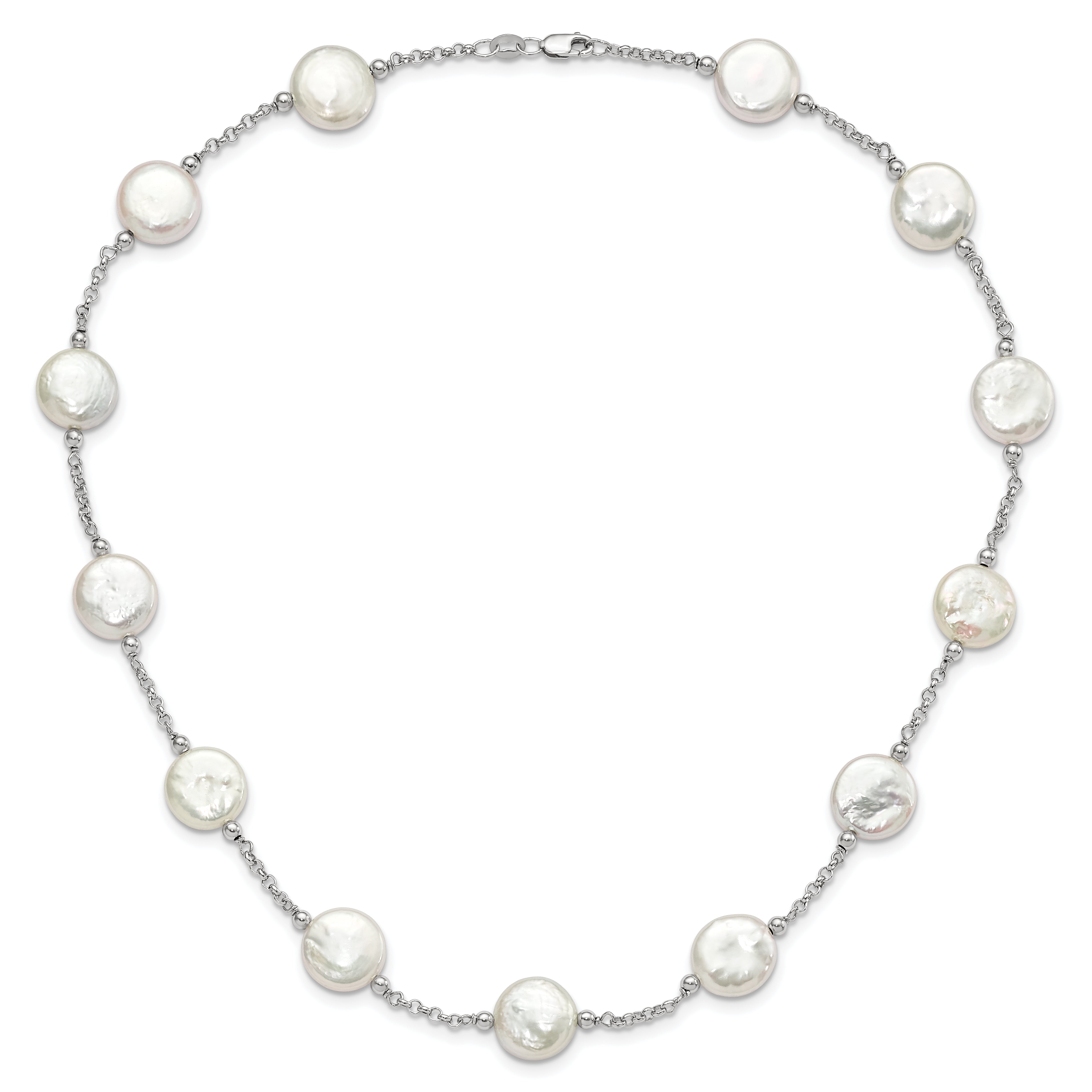 Sterling Silver Rh-pltd 12-13mm White Coin FWC Pearl 13-station Necklace