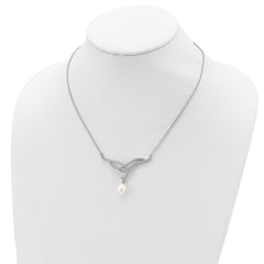 Sterling Silver Rhodium-plated 8-9mm White FWC Pearl Drop CZ Necklace