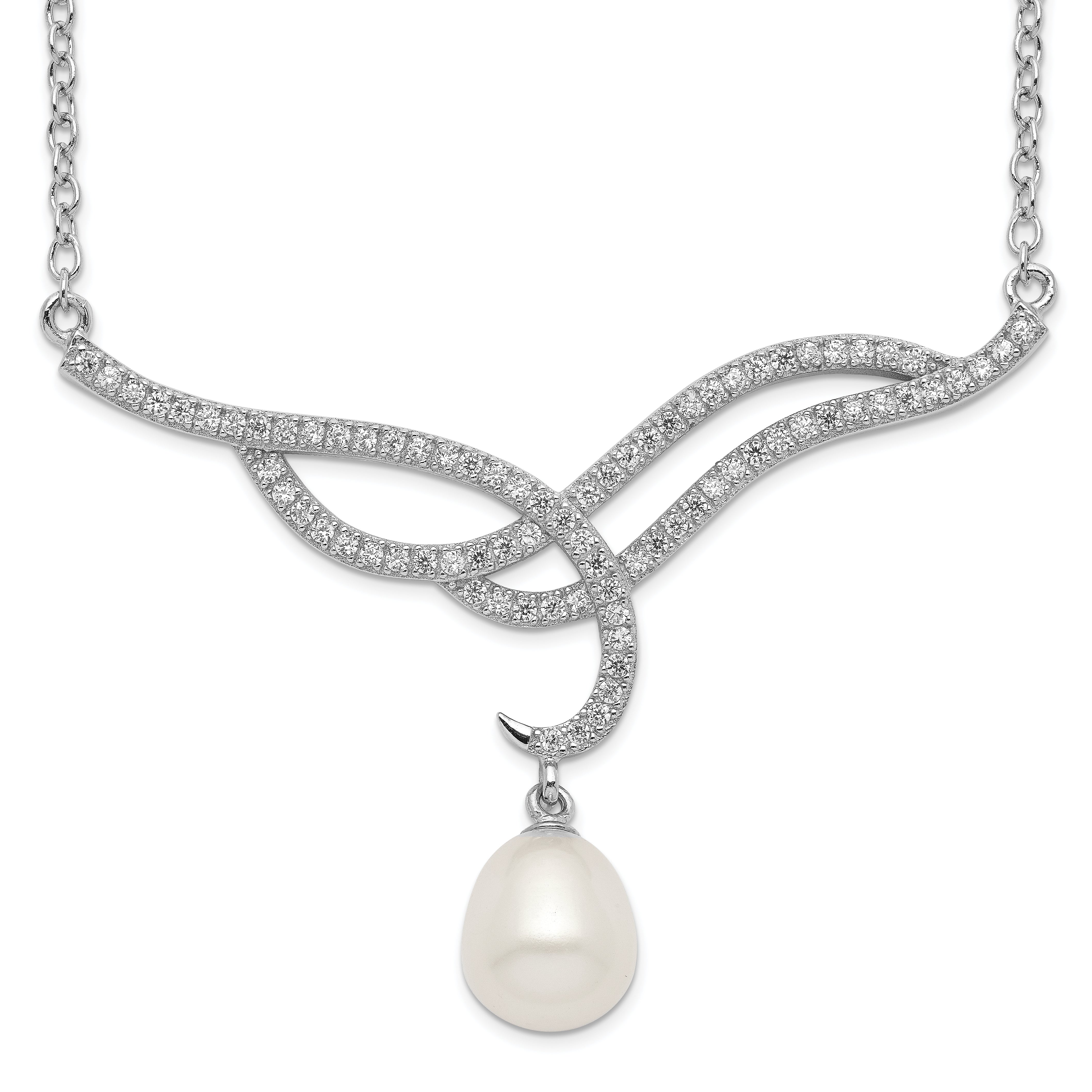 Sterling Silver Rhodium-plated 8-9mm White FWC Pearl Drop CZ Necklace