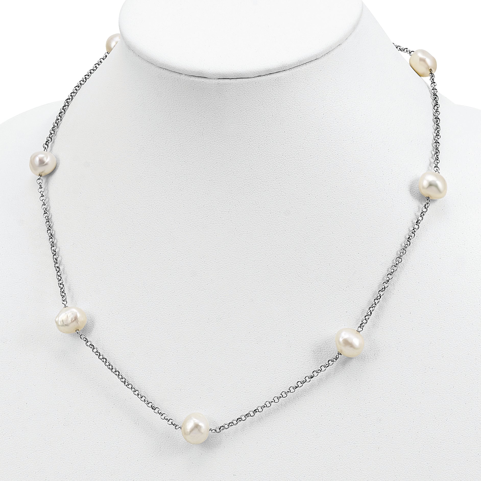 Sterling Silver Rhod-plat 9-10mm White Baroq FWC Pearl 7-stat Necklace