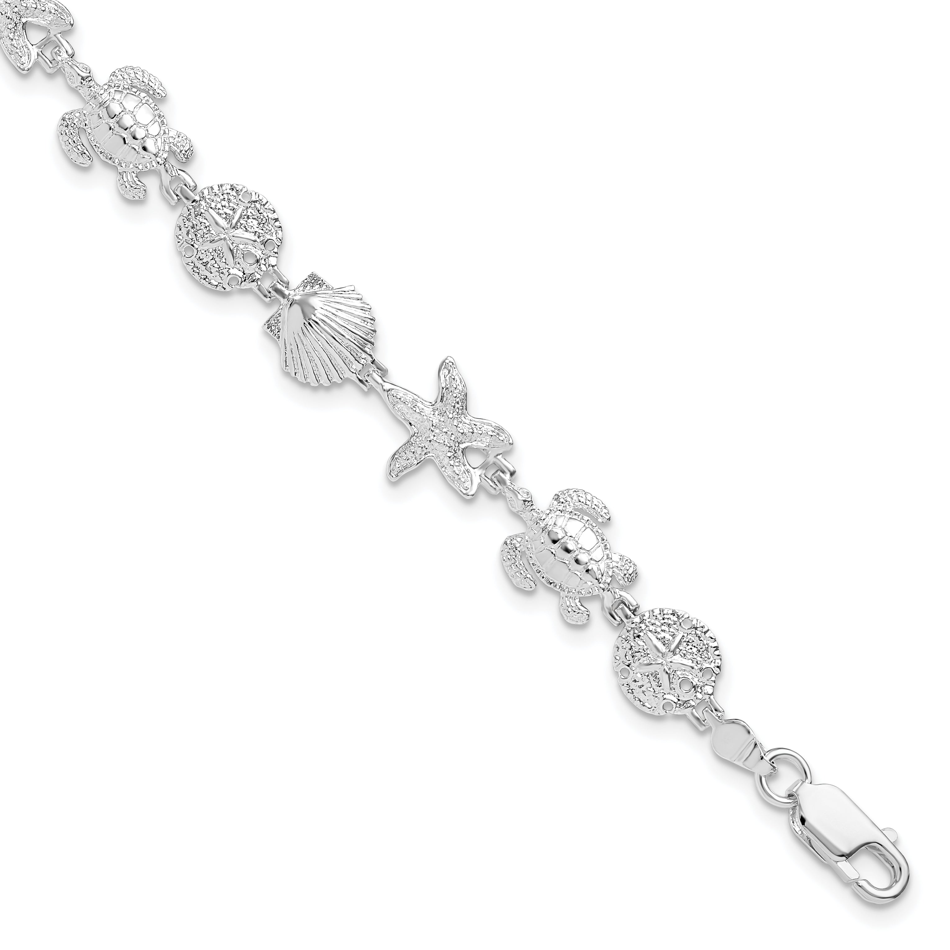 De-Ani Sterling Silver Rhodium-plated Polished and Textured Sea Life 7.25 inch Bracelet