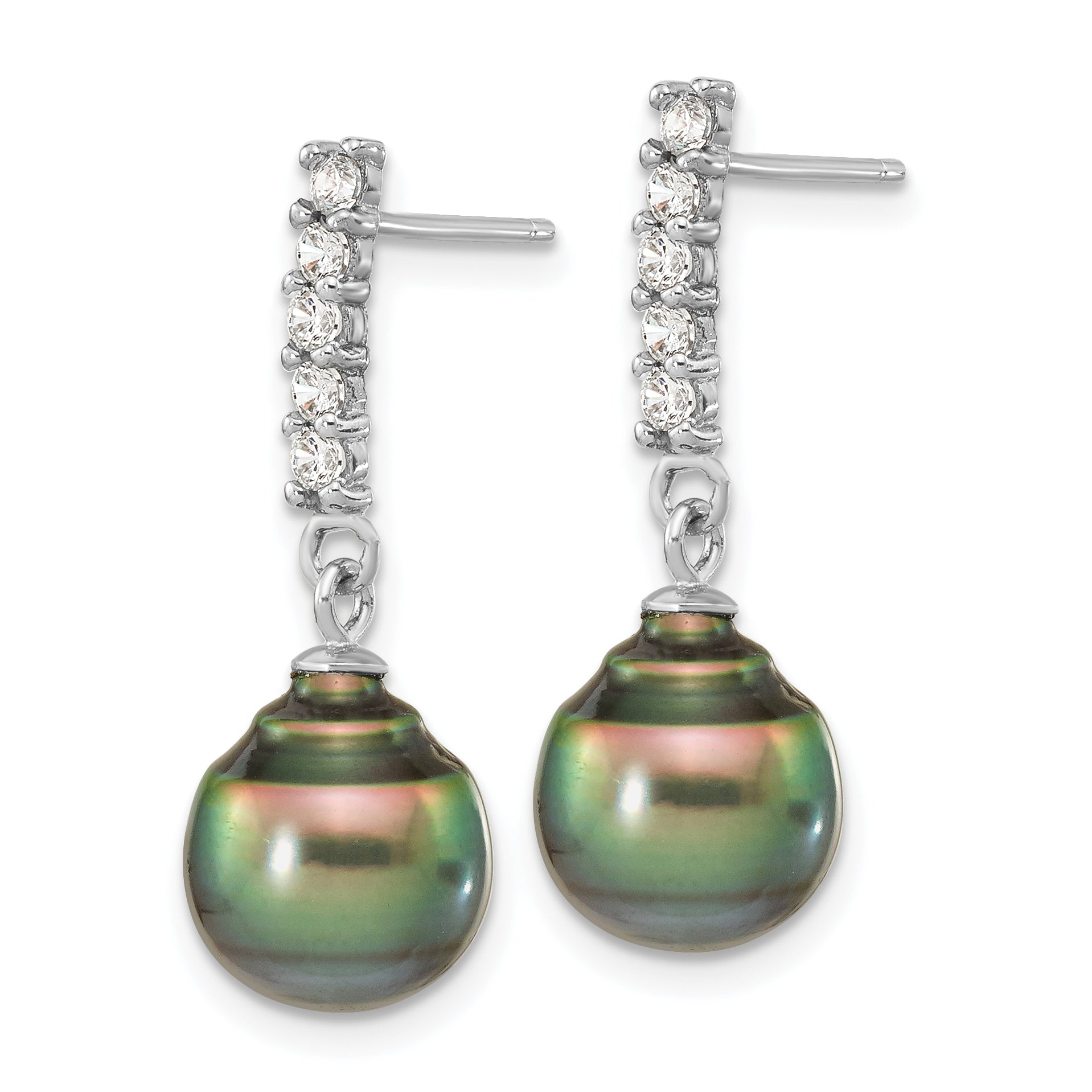 Sterling Silver RH 9-10mm Tahitian Saltwater Pearl CZ Ear & Neck Set