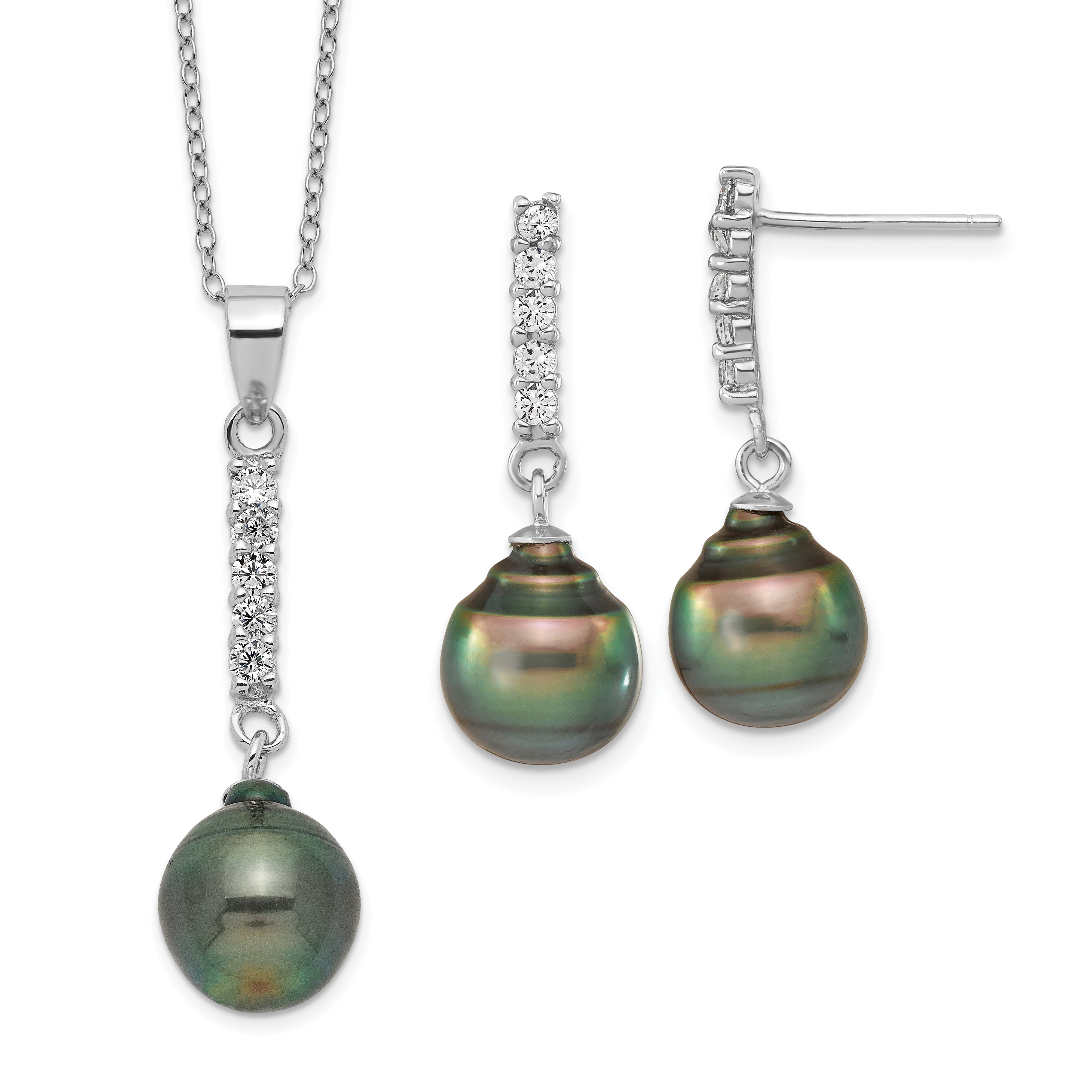 Sterling Silver RH 9-10mm Tahitian Saltwater Pearl CZ Ear & Neck Set