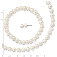 Sterling Silver Rh-p 7-8mm White FWC Pearl Earring Bracelet Necklace Set