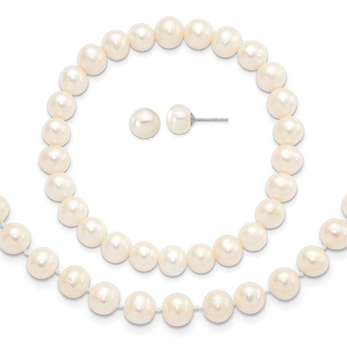 Sterling Silver Rh-p 7-8mm White FWC Pearl Earring Bracelet Necklace Set