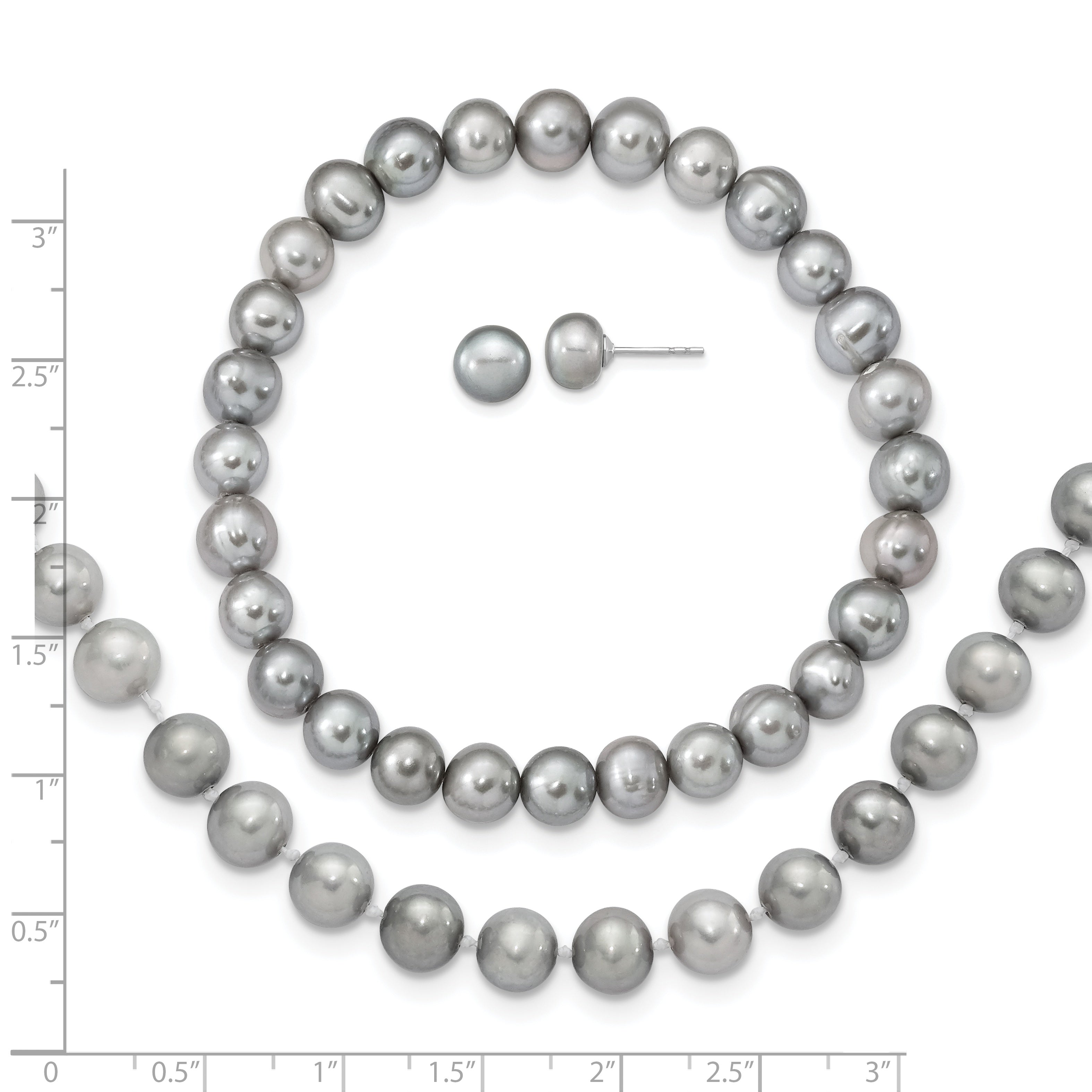 Sterling Silver Rh-p 7-8mm Grey FWC Pearl Earring Bracelet Necklace Set