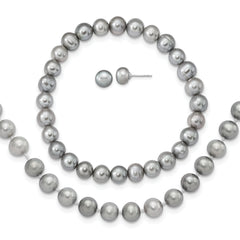 Sterling Silver Rh-p 7-8mm Grey FWC Pearl Earring Bracelet Necklace Set