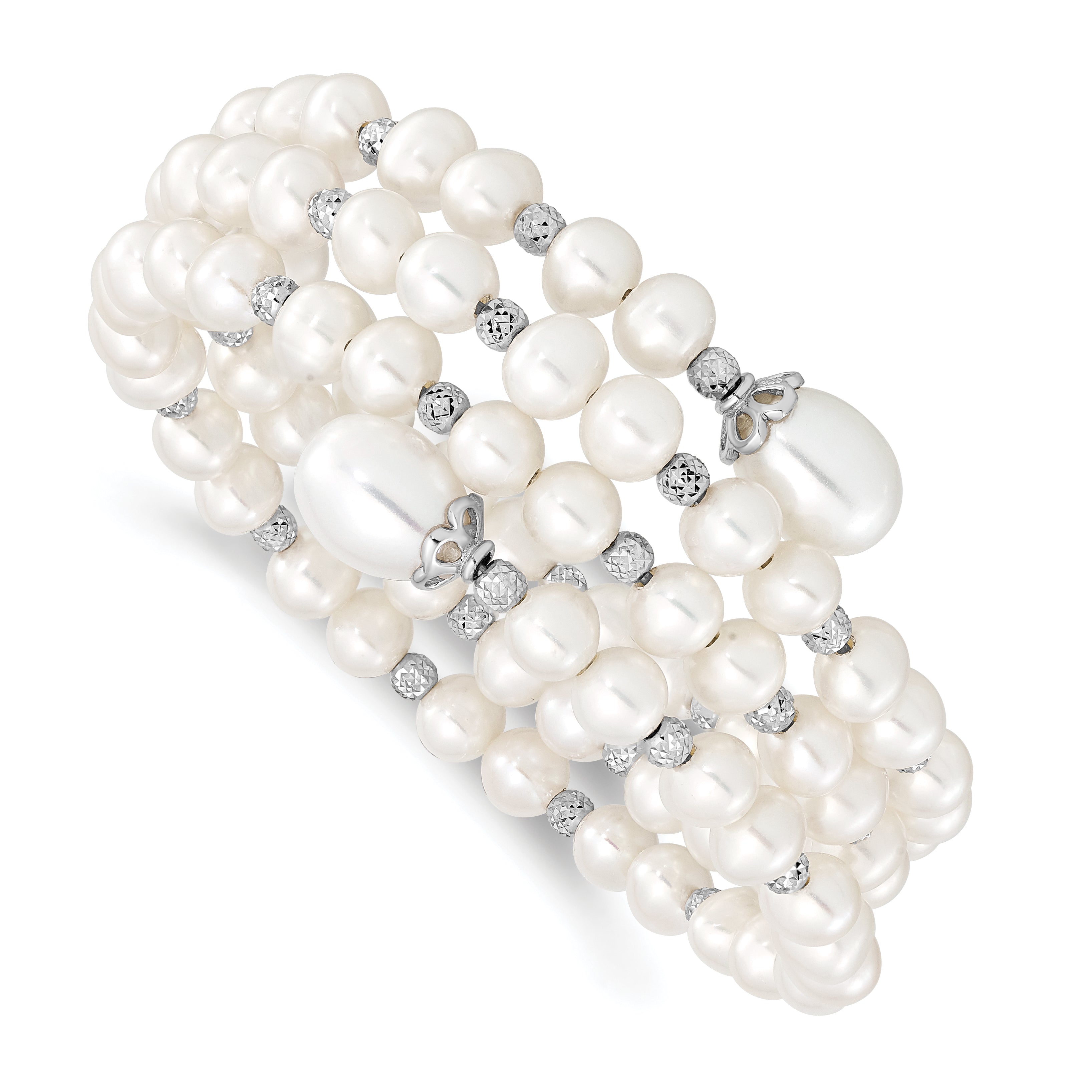 Sterling Silver Rh-pl D/C 6-11mm White FWC Pearl Wrap Bracelet