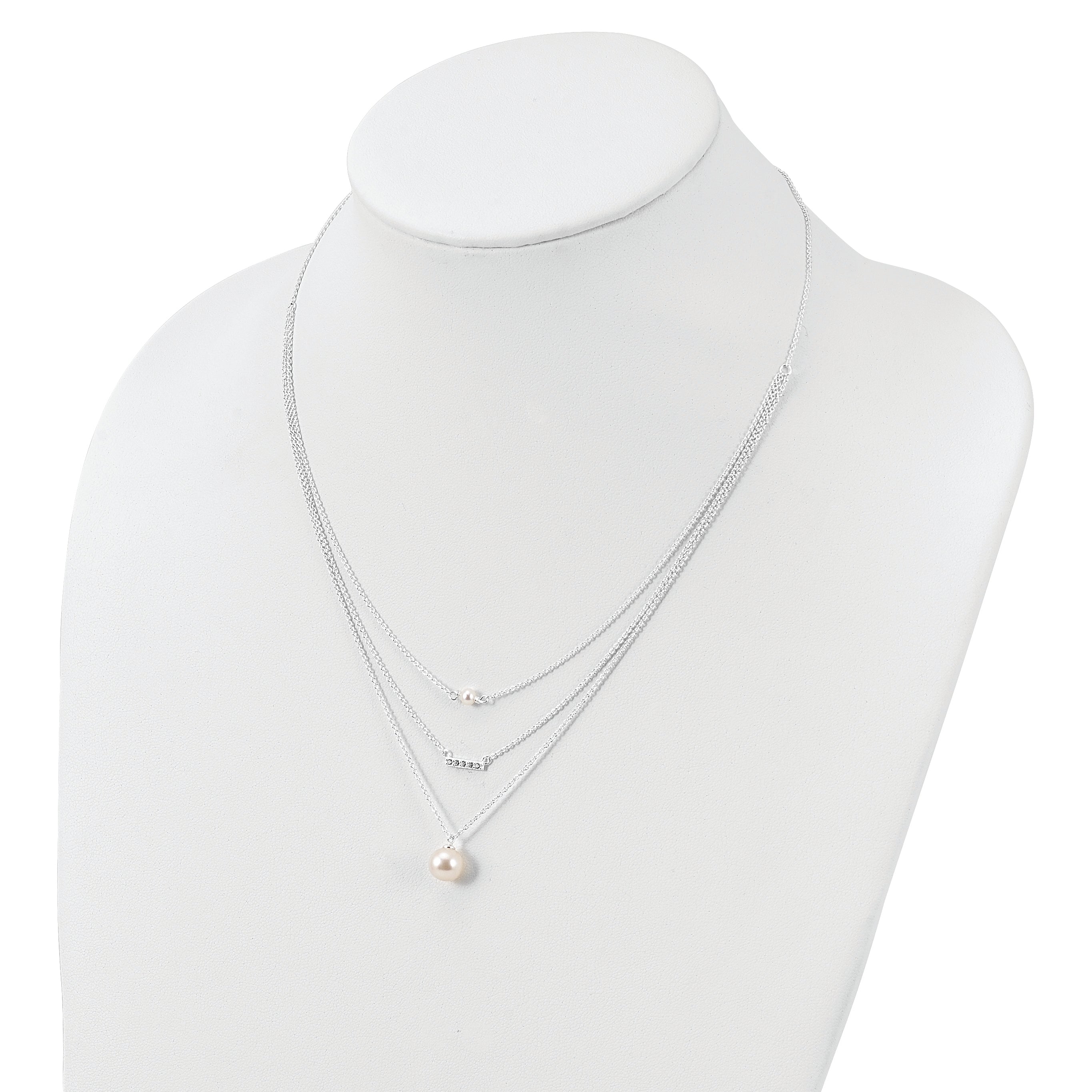 Sterling Silver Rhodium-plated Multi Strand CZ and Glass Pearl Necklace