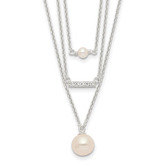 Sterling Silver Rhodium-plated Multi Strand CZ and Glass Pearl Necklace