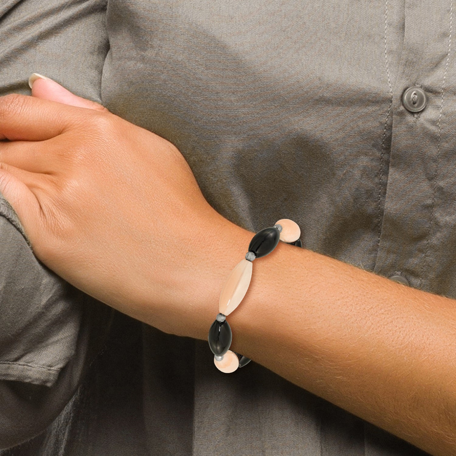 Black Agate, Red Aventurine and Crystal Stretch Bracelet